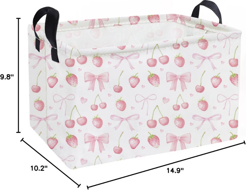 Essme Rectangular Kids Baskets,Girls Storage Basket Pink Bins with Handles for Strawberry Room Decor, Cherry Storage Bin(Strawberry) - Image 2